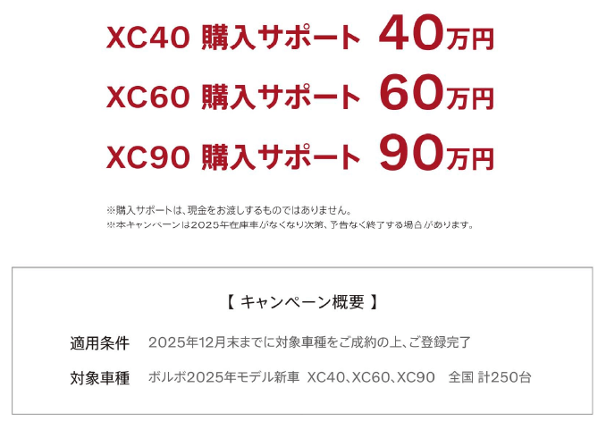 期間中のご成約で、ボルボ カーライフが快適になる最大90万円の購入サポートをいたします。